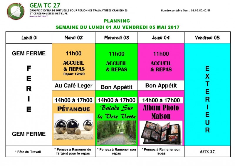 planning du 1 au 5 mai