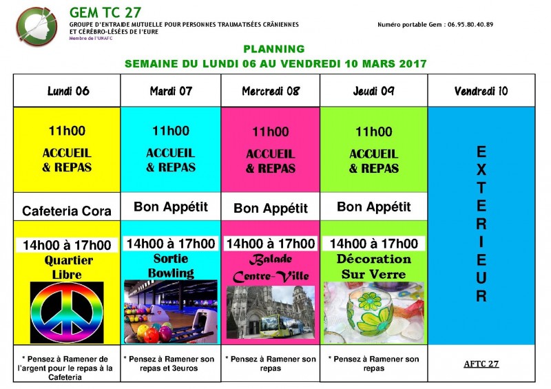 Planning du 06 au 10 mars