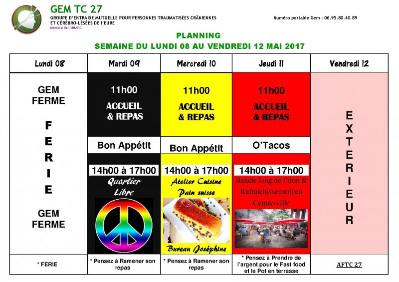 planning du 8 au 12 mai