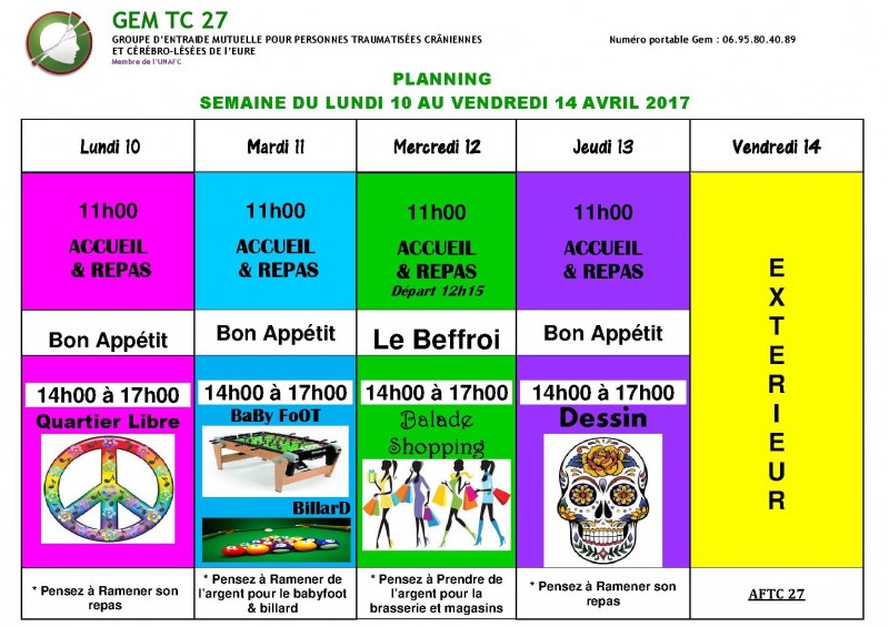 planning du 10 au 14 avril