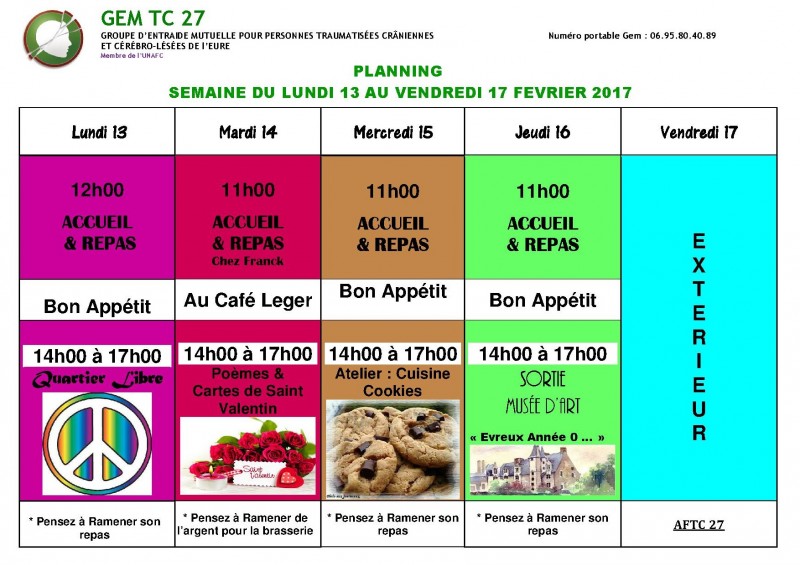 Planning du 13 au 17 Février
