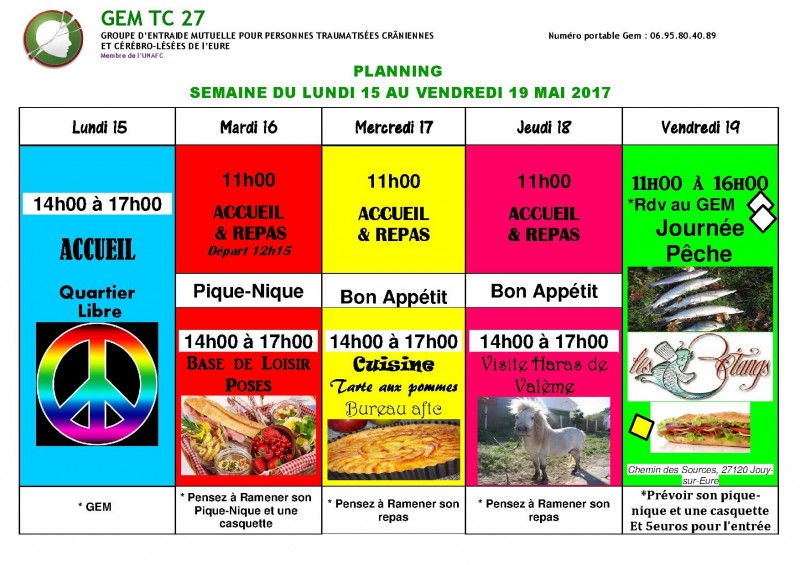 planning du 15 au 19 mai
