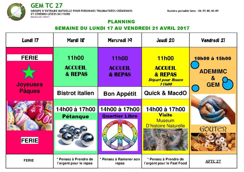planning du 17 au 21 avril