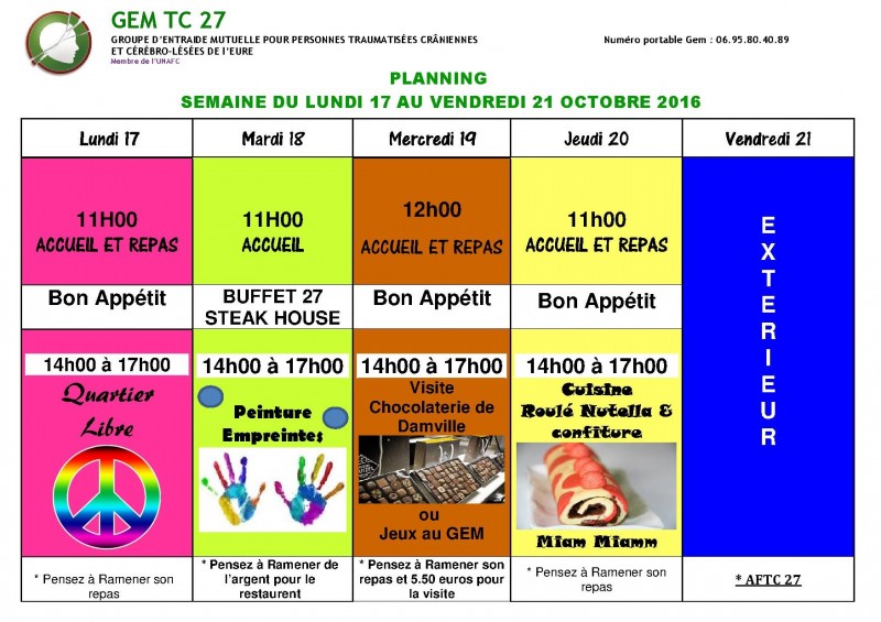 planning du 17 au 21 octobre