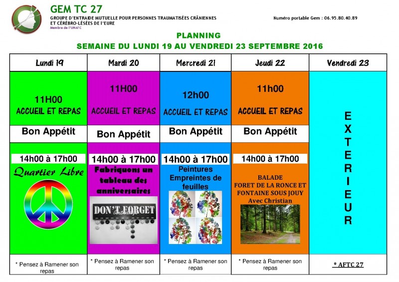 planning du 19 au 23 septembre 2016