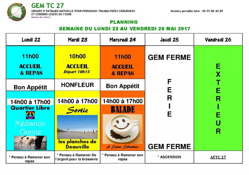 planning du 22 au 26 mai