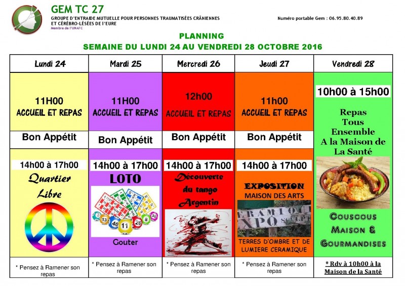 planning du 24 au 28 octobre