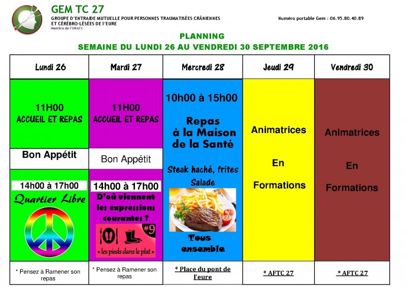 planning du 26 au 30 septembre 2016