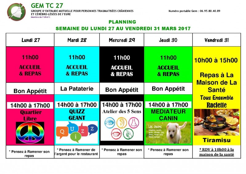 planning du 27 au 31 mars