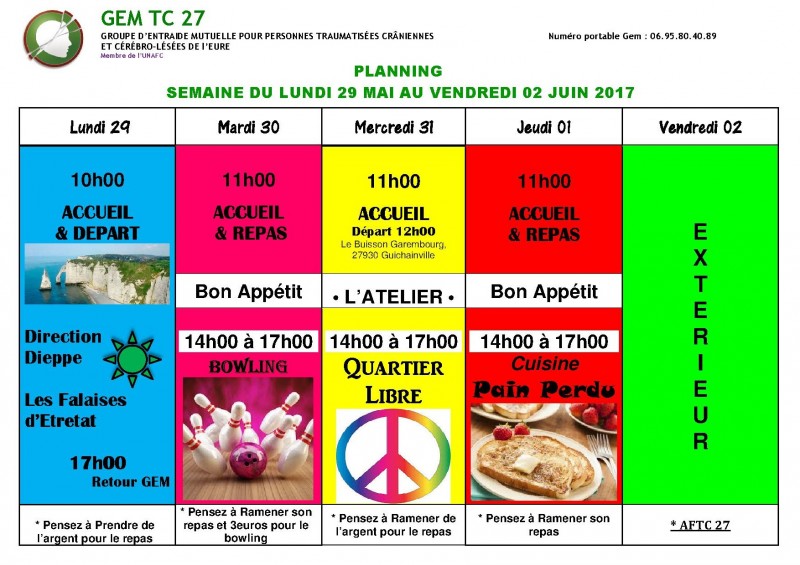 planning du 29 mai au 02 juin