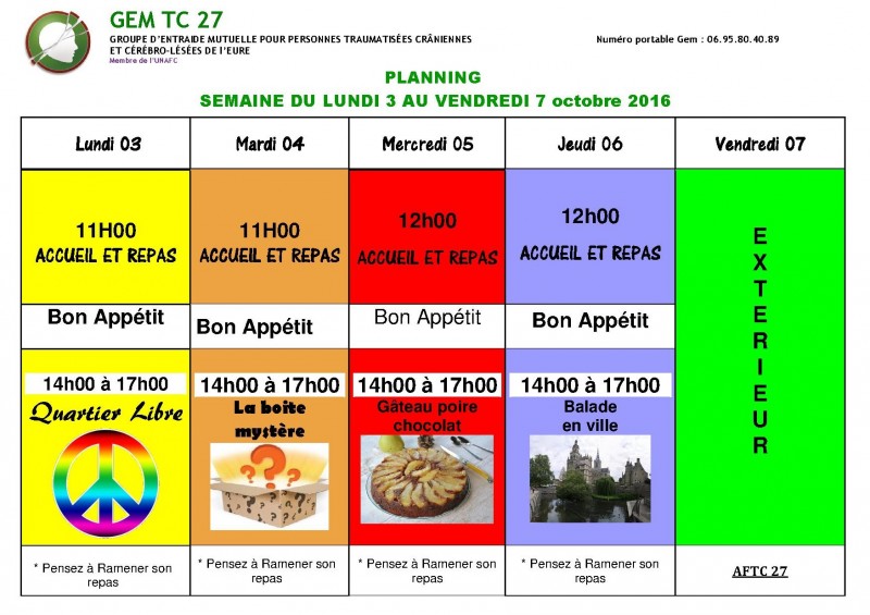 planning du 03 au 07 octobre